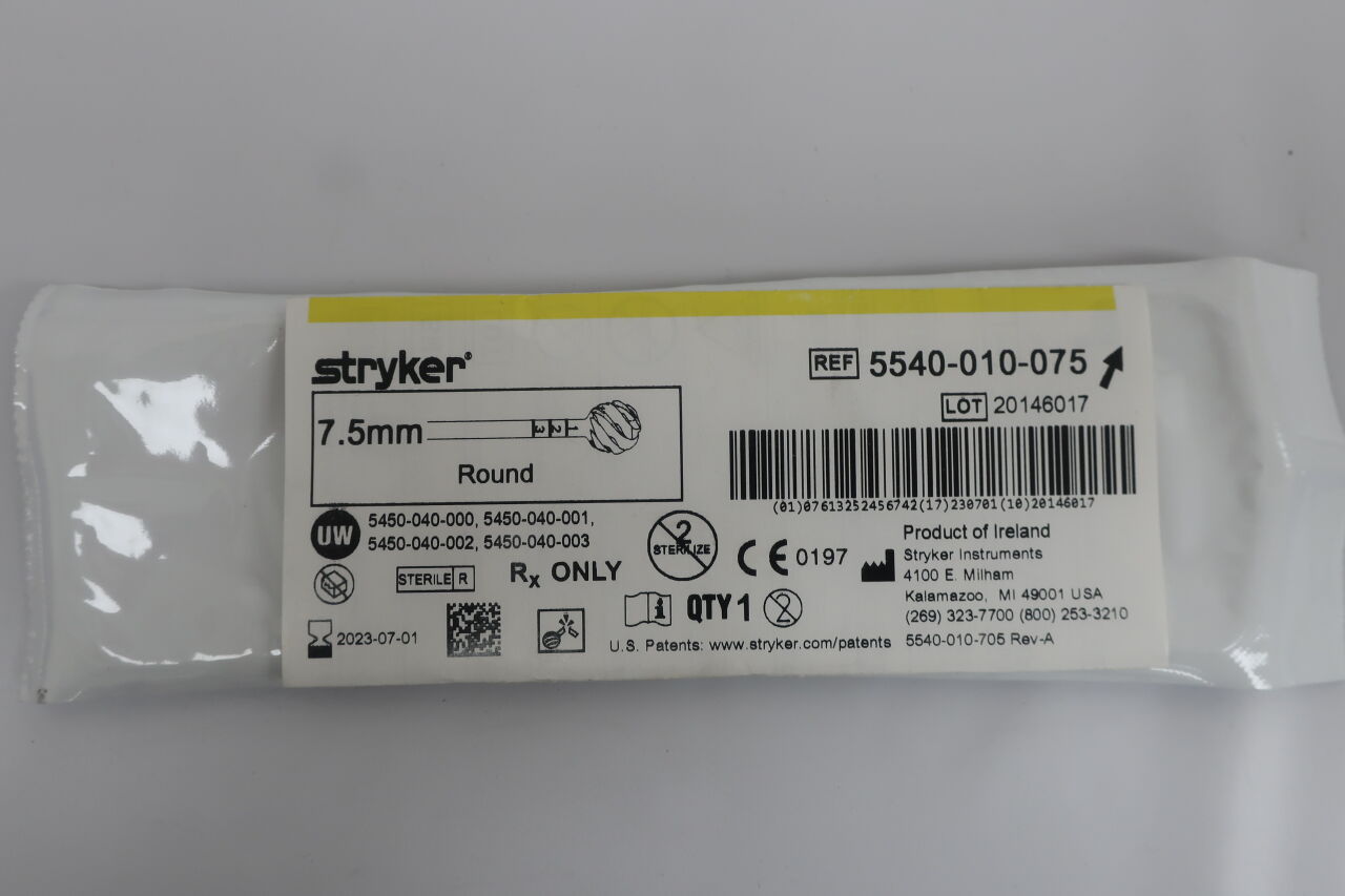 5540-010-075 - STRYKER - S2 Round Bur, Fluted 7.5mm, (EA) - ( Expiry Date: 2024-09-01 )