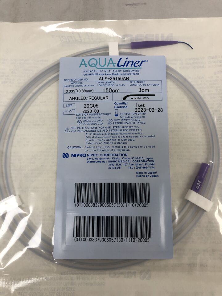 ALS+35150AR - NIPRO - AquaLiner Hydrophilic Ni-Ti Alloy Guidewire, 0.035" OD x 150cm Length, 3cm Tip Length, Angled/Regular, (EA) - ( Expiry Date: 2024-08-31 )
