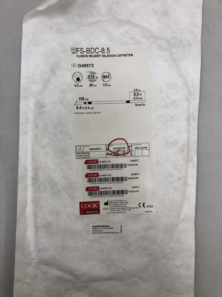 G49572 - COOK - Fusion Biliary Dilation Catheter, Dome Tip, 8.4Fr x 195cm, 2.0cm x 6Fr, (EA) - ( Expiry Date: 2024-02-04 )