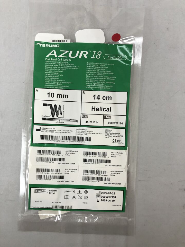 45-281014 - TERUMO - Azur 18 推入式外周線圈系統,螺旋形,10mm x 14cm,(EA/)-(有效期至:2025-06-30)