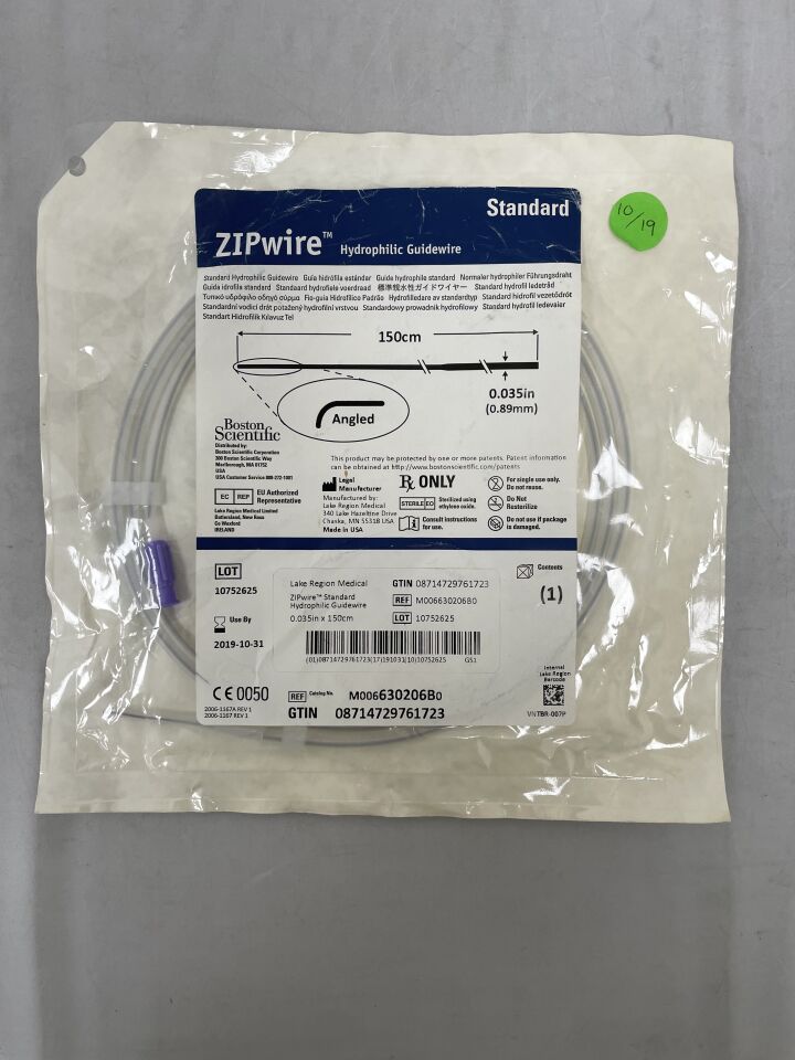 630206B - BOSTON SCIENTIFIC - ZIPwire Hydrophilic Guidewire - Standard, Angled - .035" x 150cm, () - ( Expiry Date: 2019-10-31 )