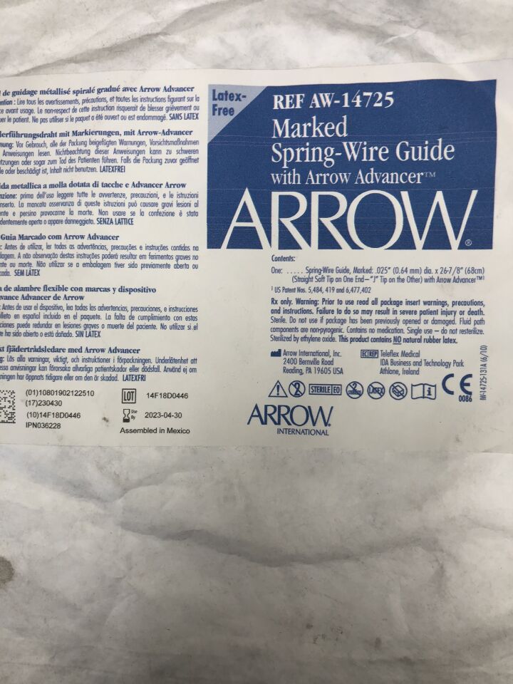 AW-14725 - TELEFLEX - ARROW Marked Spring-Wire Guide with Arrow Advancer, 0.025" x 68cm, () - ( Expiry Date: 2023-04-30 )