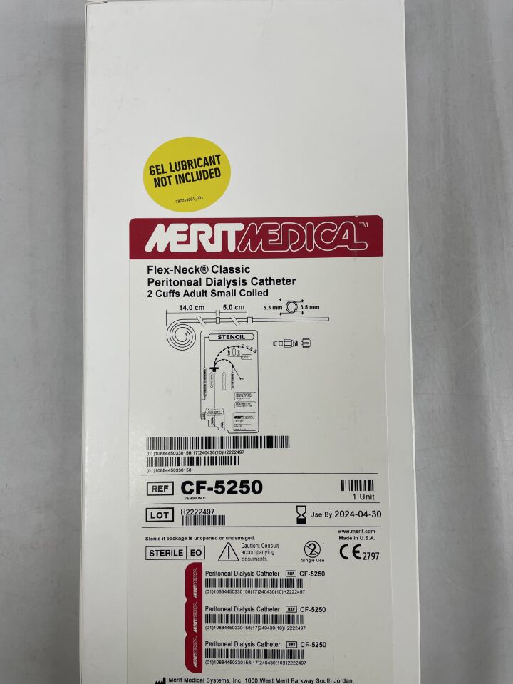 CF-5250/C - MERIT - Flex Neck Classic Peritoneal Dialysis Catheter Coiled Adult Standard 2 Cuffs, 14cm, (BX/1) - ( Expiry Date: 2023-10-31 )