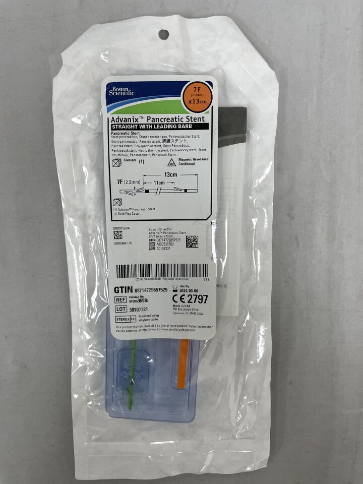 3658 - BOSTON SCIENTIFIC - Advanix Pancreatic Stent - Straight with Leading Barb - 7Fr x 13cm, (EA) - ( Expiry Date: 2024-03-06 )
