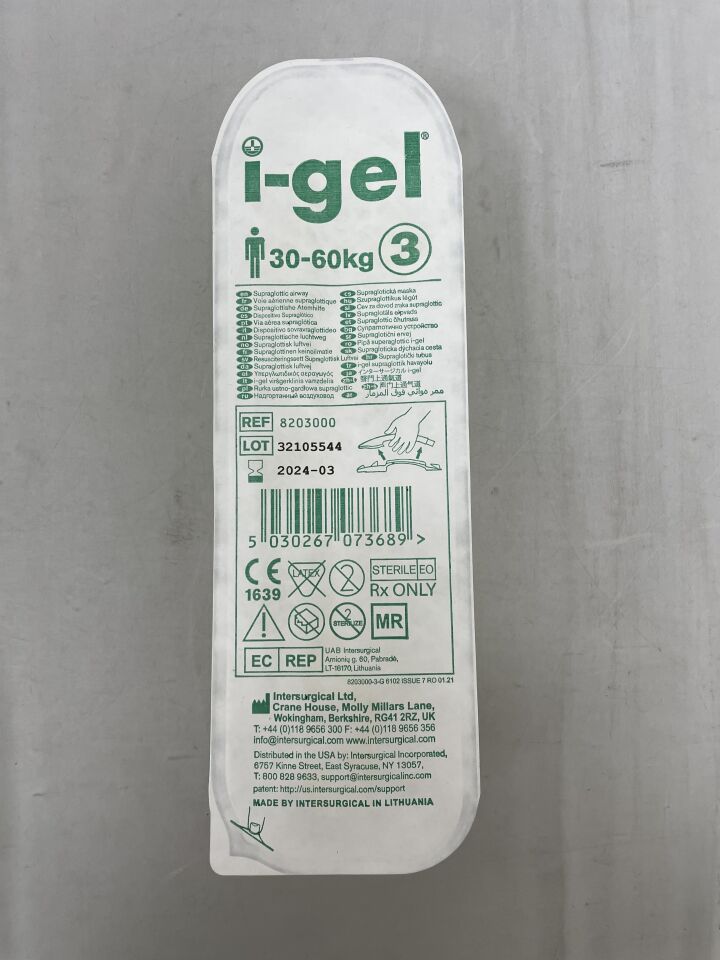 8203000 - INTERSURGICAL - I-Gel 3 Supraglottic Airway, 30-60kg, (EA) - ( Expiry Date: 2024-03-23 )