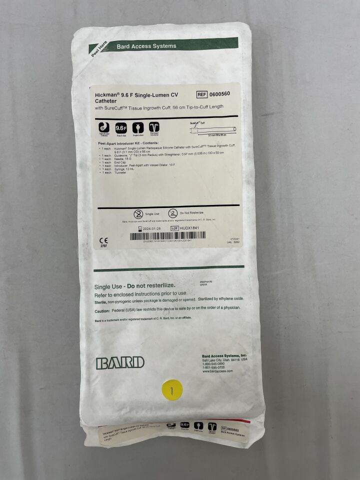 600560 - BARD - hickman 9.6f single-lumen cv catheter with surecuff tissue ingrowth cuff, 56cm, (EA) - ( Expiry Date: 2024-01-28 )