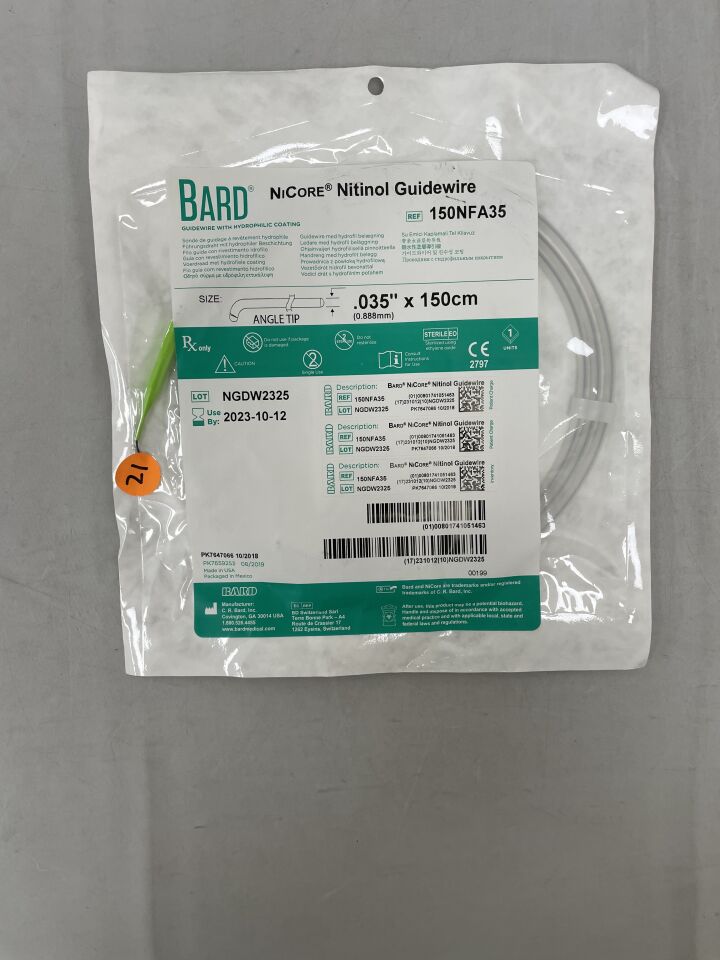 150NFA35 - BARD - NiCore Nitinol Guidewire with Hydrophilic Coating, Angle Tip, 0.035" x 150cm, () - ( Expiry Date: 2023-10-12 )