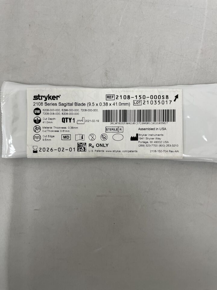 2108-150-000S8 - STRYKER - 2108 Series Sagittal Blade (9.5 x 0.38 x 41.0mm) , ( EA ) - ( Expiry Date : 2026-02-01 )