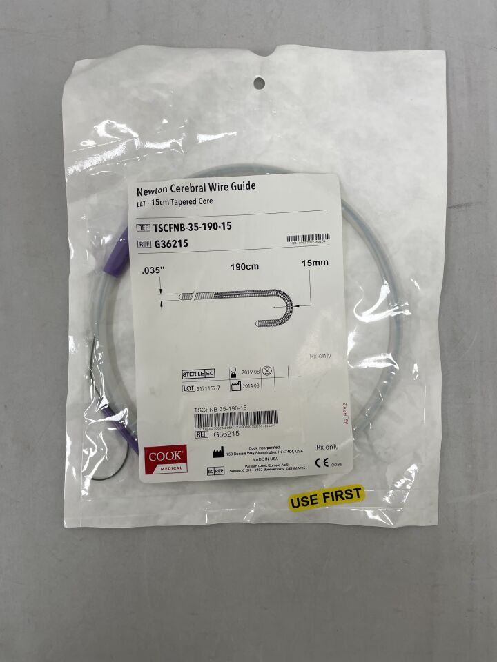 G36215 - COOK - Newton Cerebral Wire Guide, LLT 15cm Taper, Curved 0.035" x 190cm, (EA) - ( Expiry Date: 2019-08-31 )