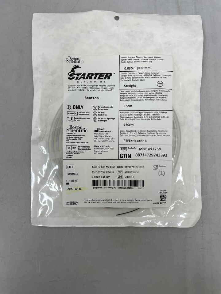 49175 - BOSTON SCIENTIFIC - Starter Guidewire, Bentson, 0.035in x 150cm, Straight Tip, 15cm taper length, (EA) - ( Expiry Date: 2023-10-31 )