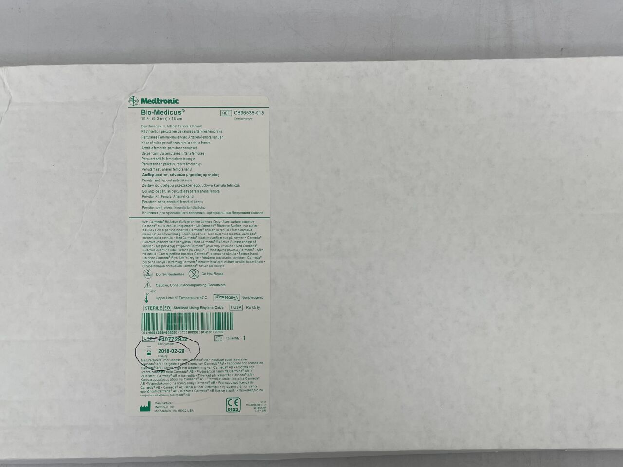 CB96535-015 - MEDTRONIC - Bio-Medicus Femoral Arterial Cannula Kit, 15Fr x 18cm, (BX/1) - ( Expiry Date: 2018-02-28 )