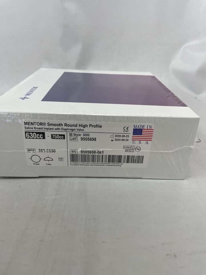 350-3630 - MENTOR - Smooth Roucnd High Profile, Saline Breast Implant with Diaphragm Valve, 630-750cc, Style - 3000, (BX/1) - ( Expiry Date: 2024-09-24 )