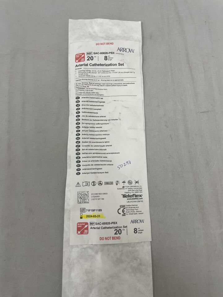 SAC-00820-PBX - TELEFLEX - Arterial Catheterization Set 20G x 8cm, (EA) - ( Expiry Date: 2024-05-31 )