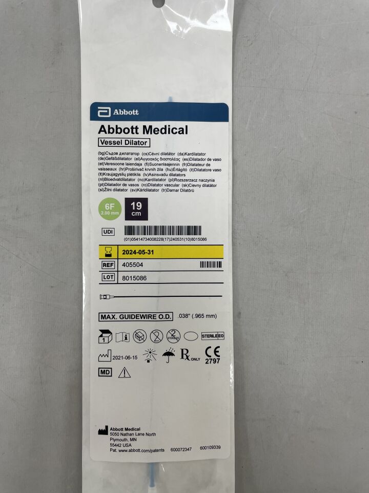 405504 - ABBOTT - Vascular Vessel Dilator, 0.038 Wire, 6 Fr, 19 cm, (EA) - ( Expiry Date: 2024-05-31 )