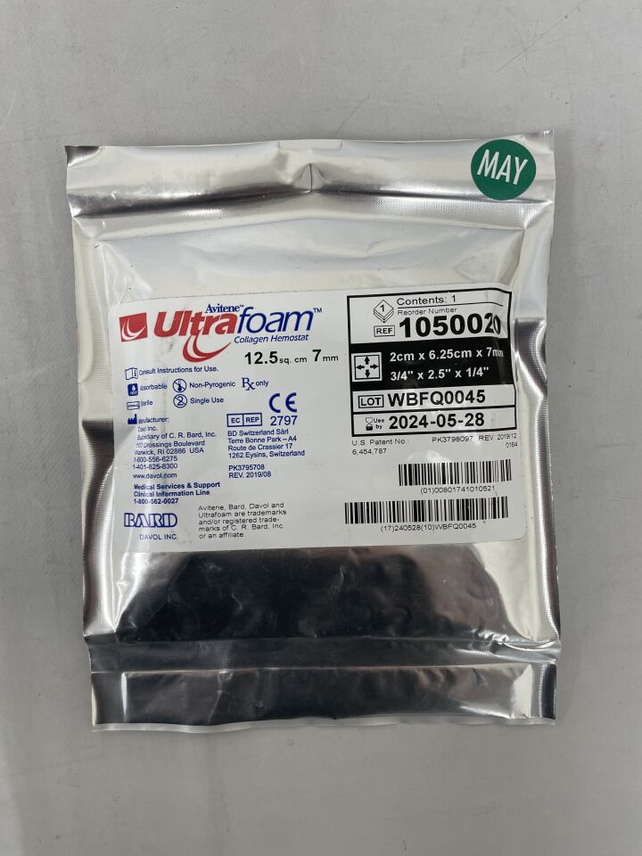 1050020 - BARD - Avitene UltraFoam Collagen Hemostat (12.5 sq cm) 2cm x 6.25cm x 7mm, () - ( Expiry Date: 2024-05-28 )