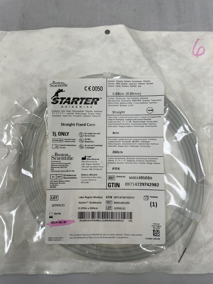 49103 - BOSTON SCIENTIFIC - Starter Guidewire Straight Fixed Core .035", Straight, 4cm, 260cm, () - ( Expiry Date: 2019-06-30 )