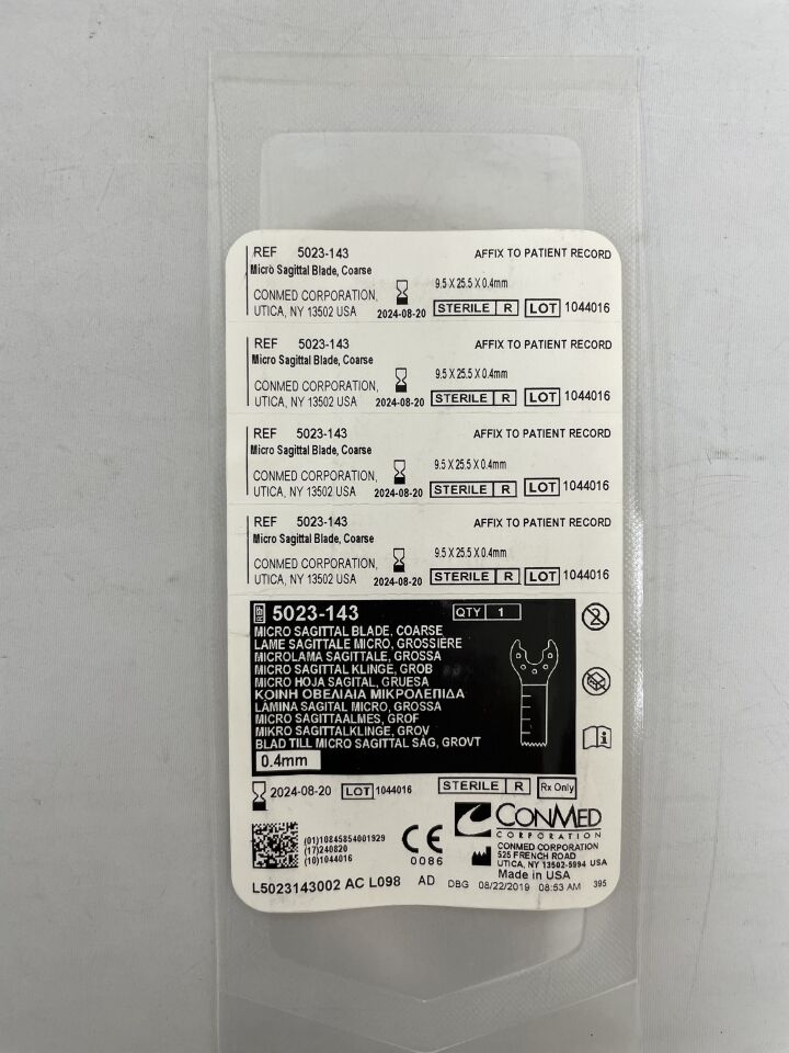 5023-134 - CONMED - Micro Sagittal Blade, Coarse, 9 L x 5.5 mm W, 0.6 mm Cut Thickness, 0.4 mm Material Thickness, 90° Angled, (EA) - ( Expiry Date: 2024-08-20 )