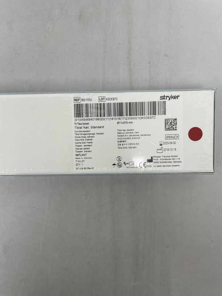 1822-1131S - STRYKER - t2 titanium tibial nail, standard: 11mm x 315mm, (BX/1) - ( Expiry Date: 2023-09-30 )