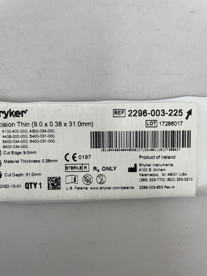 2296-003-225 - STRYKER - Precision Thin Blade, Long, Medium, Aggressive 9.0mm x 0.38mm x 31mm, () - ( Expiry Date: 2022-10-01 )