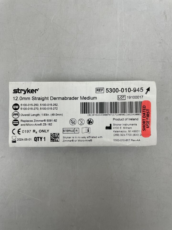 5300-010-945 - STRYKER - Dermabrader 12mm x 49mm Straight Medium, (EA) - ( Expiry Date: 2024-05-01 )