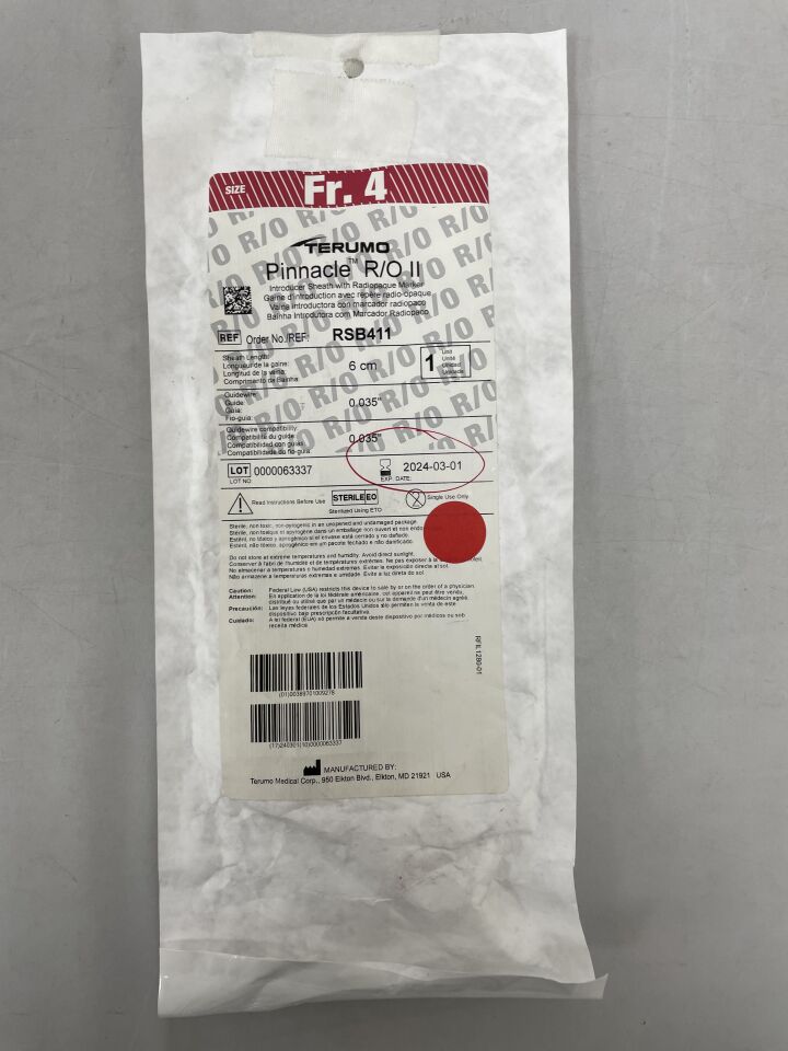 RSB411 - TERUMO - Pinnacle R/O II Introducer Sheath with 0.035" Mini Wire 4F x 6cm, (EA) - ( Expiry Date: 2024-03-01 )