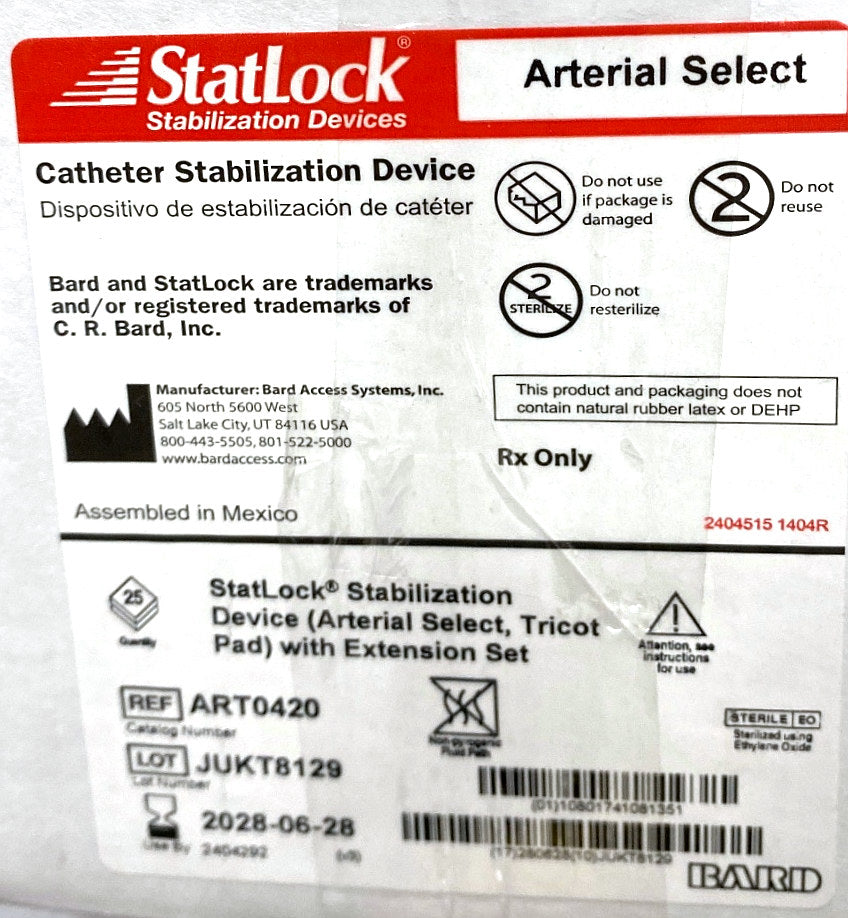 ART0420 - BARD - StatLock Luer retainer, Select pads 8in Luer lock extension set 25 box, (BX/25)