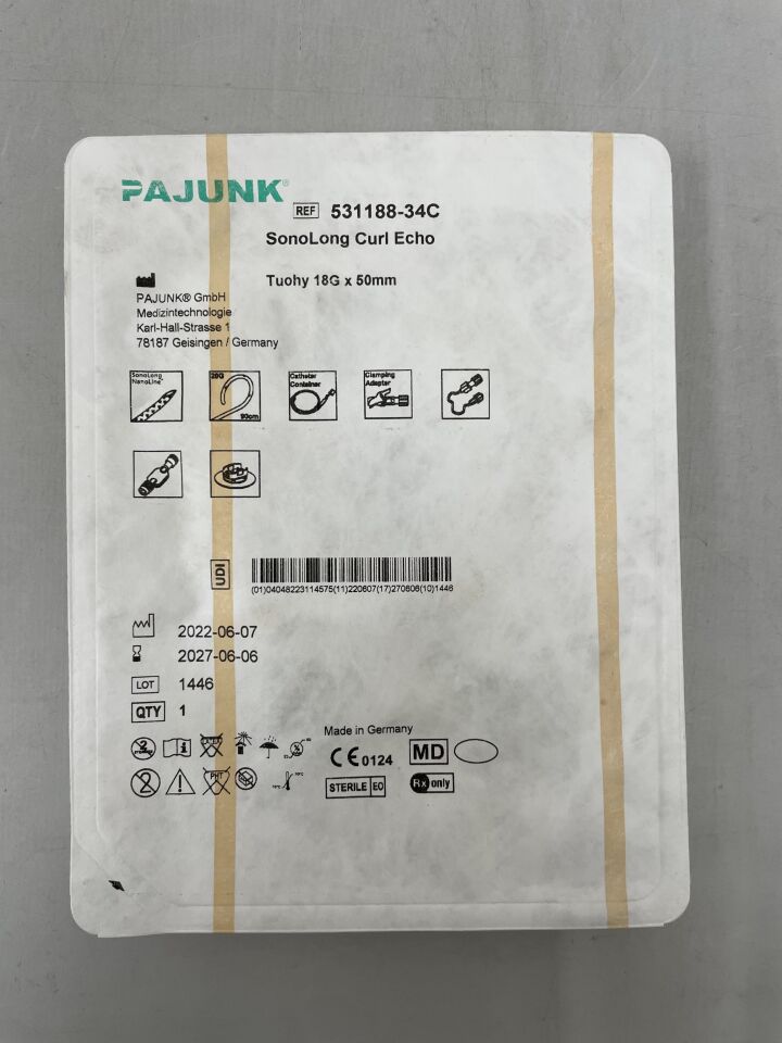 531188-34C - PAJUNK - Kit SonoLong Curl Echo NanoLine 18G x 50 mm, punta Tuohy (catéter de 90 cm), (unidad) - (Fecha de caducidad: 06/06/2027)
