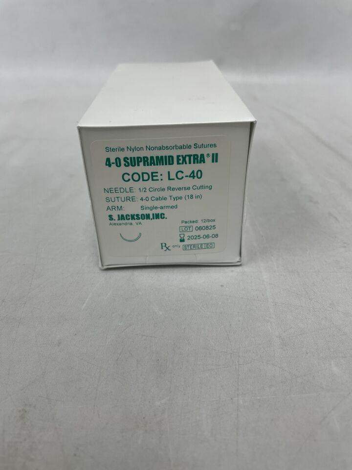LC-40 - S JACKSON - Supramid White Cable Suture with 1/2 Circle PS-5 Reverse Cutting Needle, 18" Long, Size 4-0 , ( BX/12 ) - ( Expiry Date : 2025-06-08 )