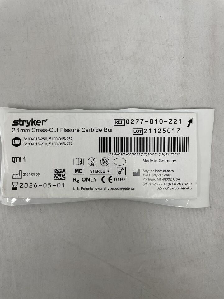 0277-010-221 - STRYKER - Fresa de carburo de fisura de corte transversal de 2,1 mm (unidades) - (Fecha de caducidad: 01/05/2026)