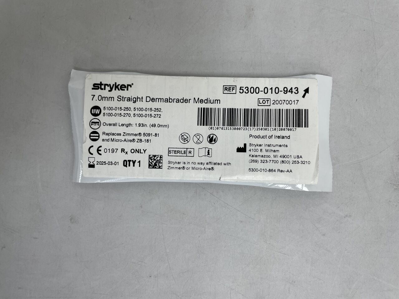 5300-010-943 - STRYKER - Dermabrader 7mm x 49mm Straight Medium , ( EA ) - ( Expiry Date : 2025-03-01 )