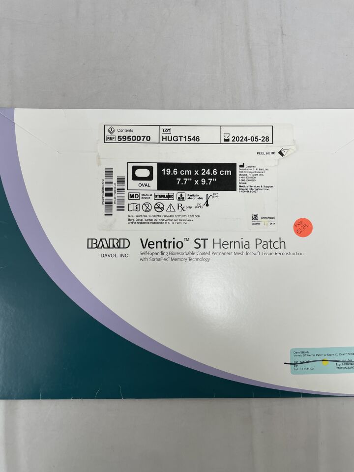 5950070 - BARD - Mesh Ventrio ST Hernia Patch, Extra Large Oval 19.6cm x 24.6cm
, (BX/1) - ( Expiry Date: 2024-05-28 )