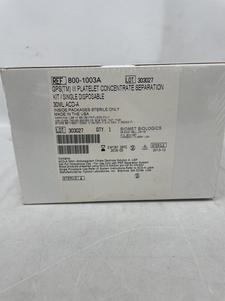 800-1003A - BIOMET - GPS III Platelet Concentration Separation Kit, (BX/1) - ( Expiry Date: 2016-05-10 )