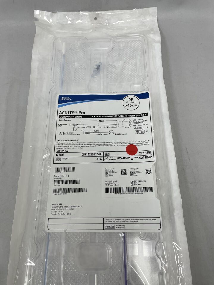 8107 - BOSTON SCIENTIFIC - AQUITY Pro Coronary Sinus Extended Hook Straight Right, Guide Catheter 9F x 45cm, (EA) - ( Expiry Date: 2024-02-02 )