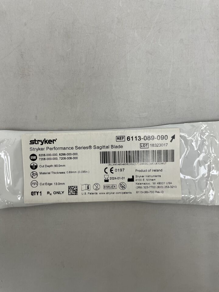 6113-089-090 - STRYKER - Sagittal Saw Blade, 90 L x 13 mm W, 0.89 mm Cut Thickness, (EA) - ( Expiry Date: 2024-01-01 )