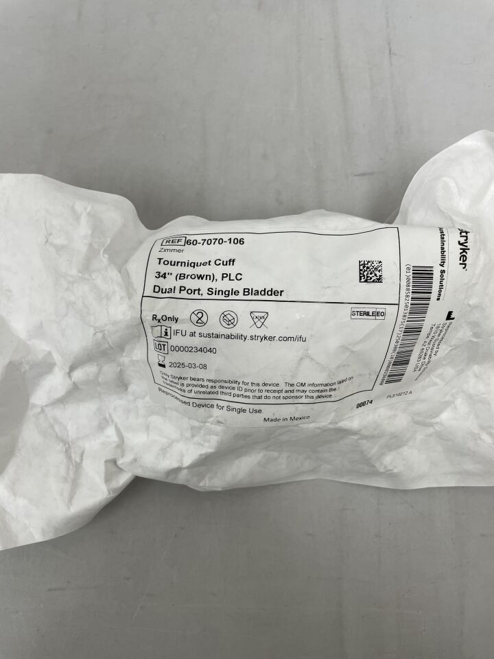 60-7070-106REP - STRYKER - ZIMMER Tourniquet Cuff, Dual Port, Single Bladder, Brown, 34in, PLC , ( EA ) - ( Expiry Date : 2025-03-08 )