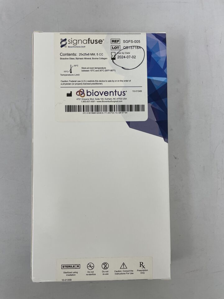 SGFS-005 - BIOVENTUS - SIGNAFUSE Bioactive Bone Graft, 25 x 25 x 8mm, 5cc, (BX/1) - ( Expiry Date: 2024-07-02 )