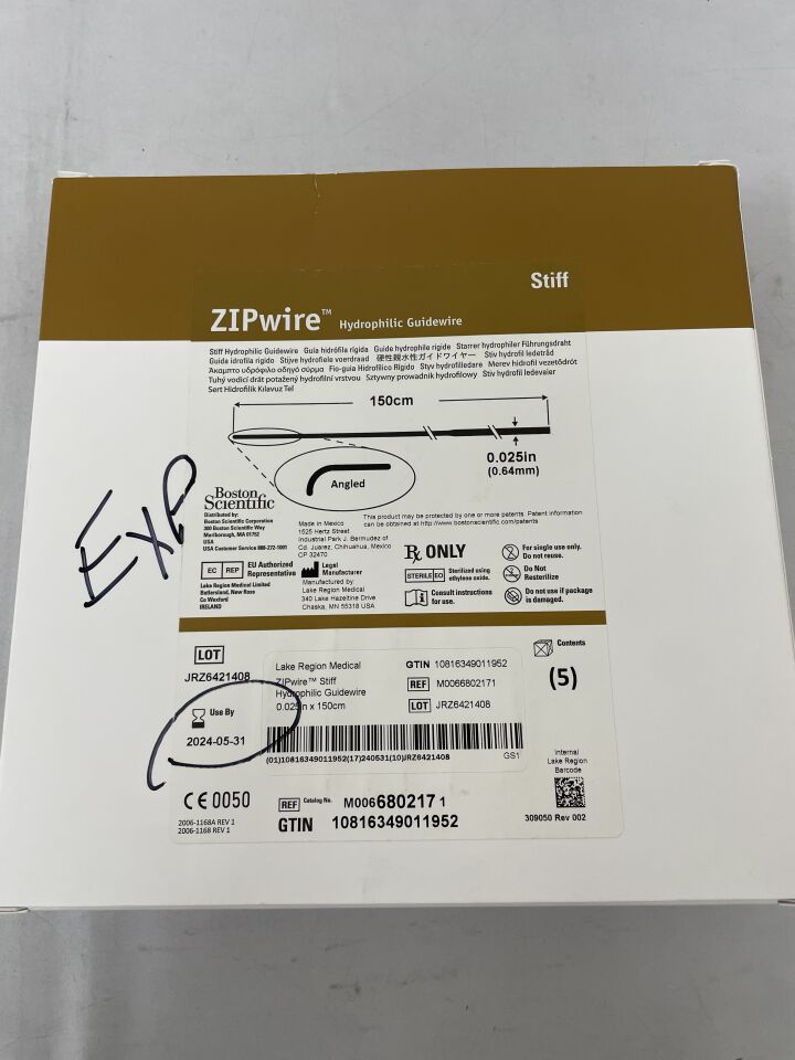 680217 - BOSTON SCIENTIFIC - ZIPwire Hydrophilic Guidewire - Stiff, Angled - .025" x 150cm, (BX/5) - ( Expiry Date: 2024-05-31 )