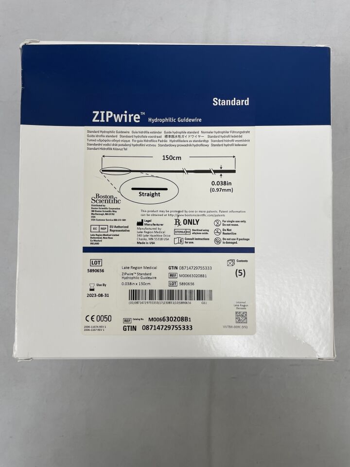 630208B - BOSTON SCIENTIFIC - ZIPwire Hydrophilic Guidewire - Standard, Straight - .038" x 150cm, () - ( Expiry Date: 2023-08-31 )