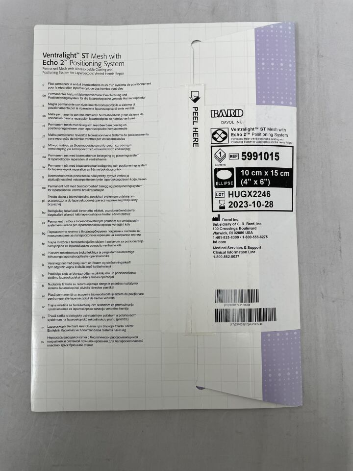 5991015 - BARD - ventralight st partially absorbable mesh with echo 2 positioning system, ellipse, 4 x 6 in., (BX/1) - ( Expiry Date: 2023-10-28 )