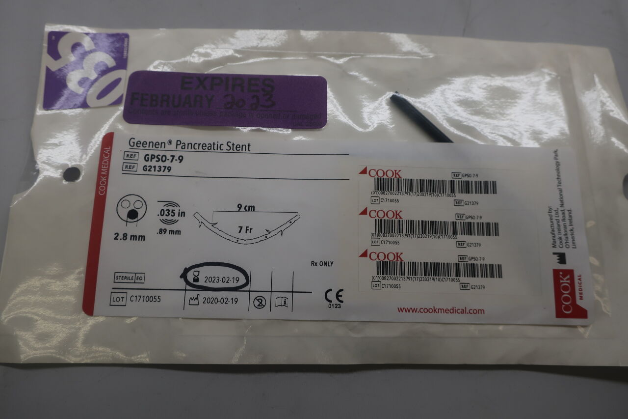 G21379 - COOK - Geenen Pancreatic Stent Only 7F x 9cm, (EA) - ( Expiry Date: 2024-11-01 )