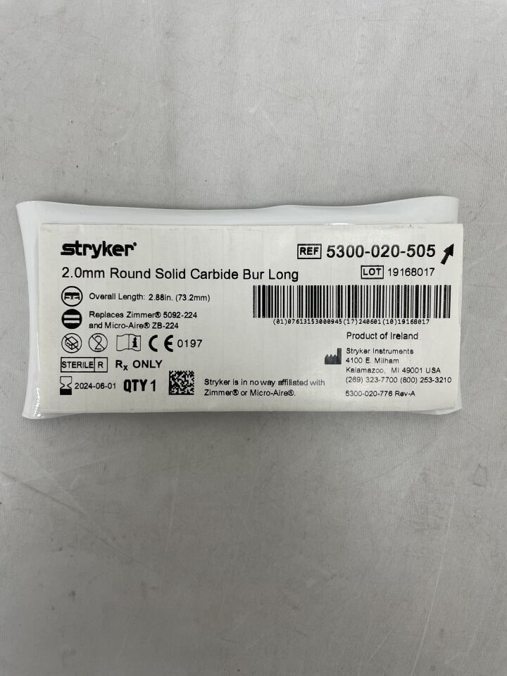 5300-020-505 - STRYKER - Round Solid Carbide Bur, Long, 2mm, (EA) - ( Expiry Date: 2024-06-01 )