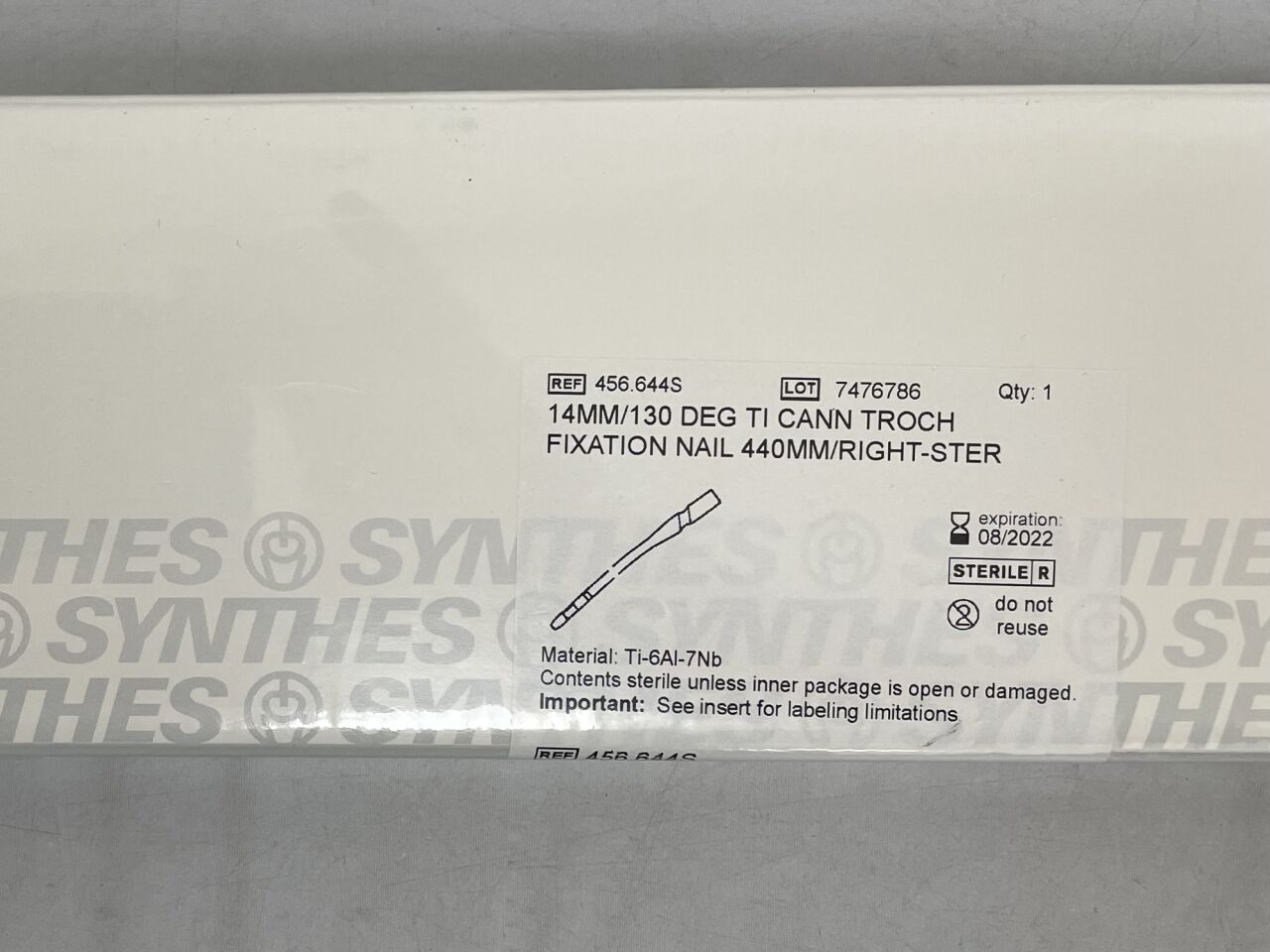 456.644S - SYNTHES - Titanium Alloy Right Cannulated Trochanteric Fixation Nail, 14 x 440mm, (BX/1) - ( Expiry Date: 2022-08-31 )