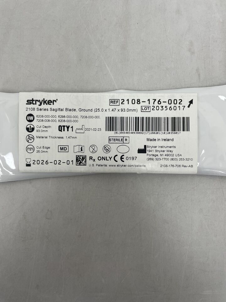 2108-176-002 - STRYKER - sagittal blade: heavy duty, straight, ground 25mm x 93mm x 1.47mm , ( EA ) - ( Expiry Date : 2026-02-01 )