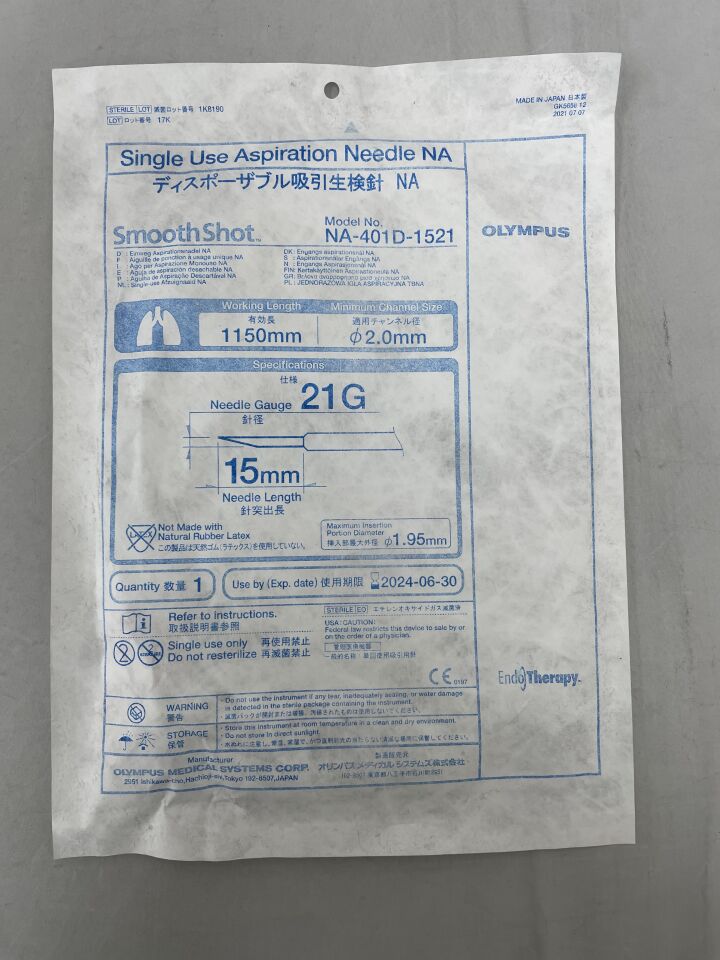 NA-401D-1521 - OLYMPUS - SmoothShot Aspiration Needle, 1150mm working length, 21G, 15mm needle length, (EA) - ( Expiry Date: 2024-06-30 )