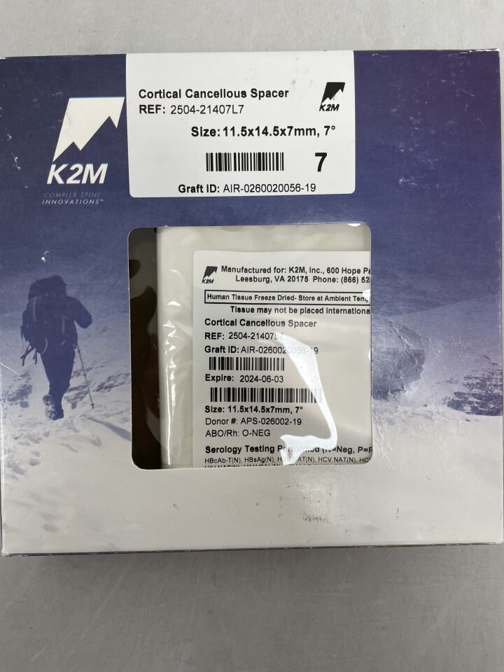 2504-21407L7 - K2M - Cortical Cancellous Spacer, 11.5 x 14.5 x 7mm, 7 Degrees, (BX/1) - ( Expiry Date: 2024-06-03 )