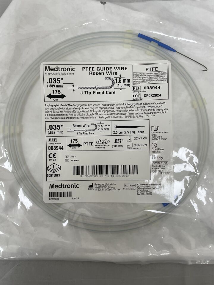 8944 - MEDTRONIC - Angiographic PTFE Guide Wire, Fixed Core 0.035" x 175cm, J-Tip Fixed Core, (EA) - ( Expiry Date: 2023-10-28 )