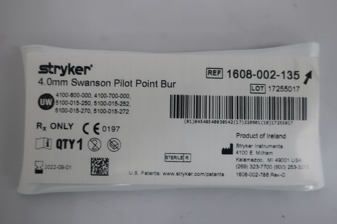 1608-002-135 - STRYKER - Stainless Steel Swanson Pilot Point Fluted Micro Burr, 4 d, (EA) - ( Expiry Date: 2023-03-01 )