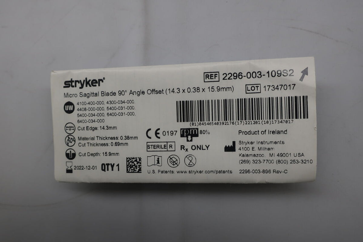 2296-003-109S2 - STRYKER - Right Angle Bend Micro Sagittal Saw Blade, 15.9 L x 14.3 m, (EA)