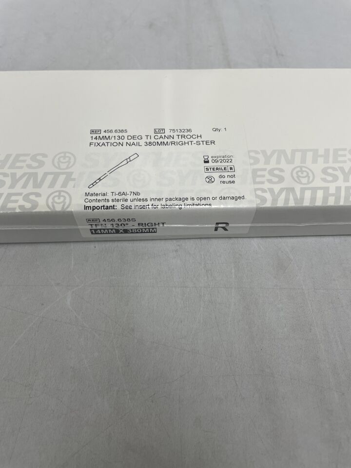 456.638S - SYNTHES - Titanium Alloy Right Cannulated Trochanteric Fixation Nail, 14 x 380mm, (BX/1) - ( Expiry Date: 2022-09-30 )