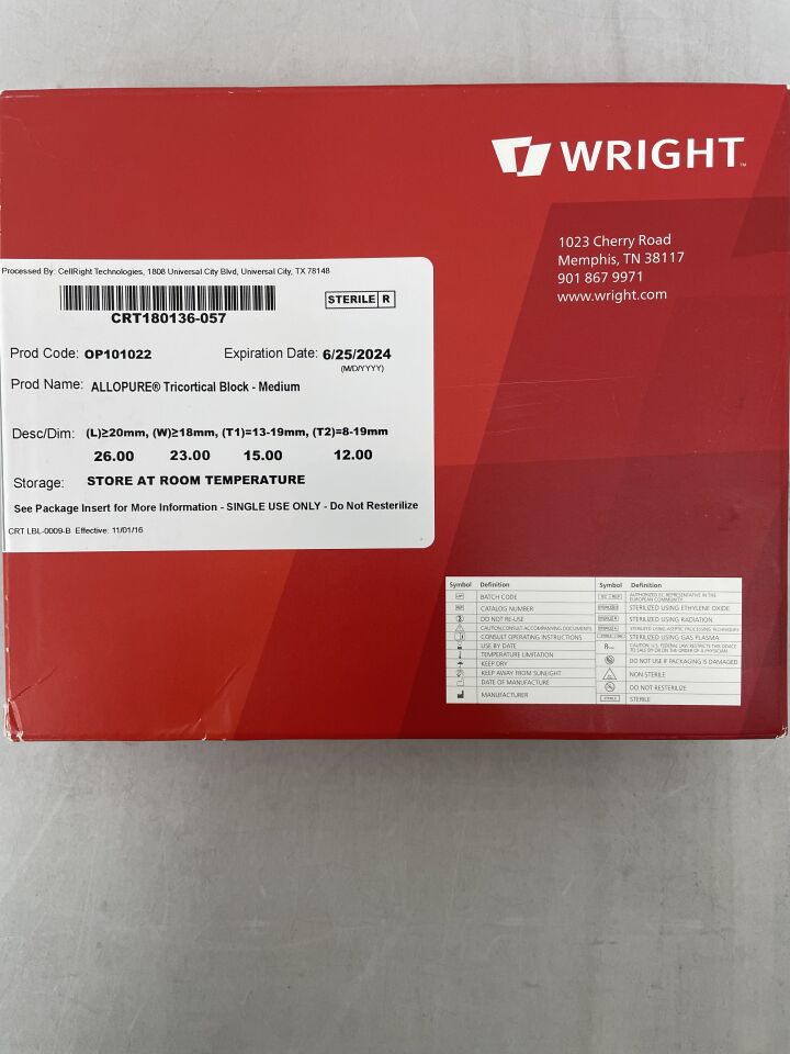 OP101022 - WRIGHT MEDICAL - ALLOPURE Tricortical Block - Medium, 20 x 18mm, (BX/1) - ( Expiry Date: 2024-06-25 )